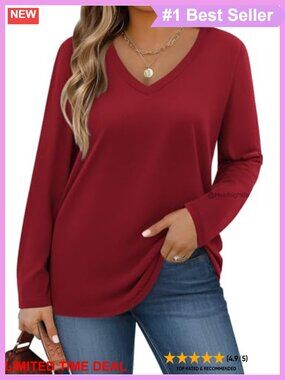 Plus Size Long Sleeve V Neck Basic Tee Loose Fit Casual Top